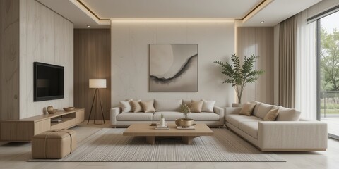 Fototapeta premium Modern Minimalist Living Room with Neutral Tones and Natural Light Featuring Elegant Furniture and Contemporary Decor