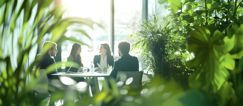 Blurred banner background. Business team meeting in eco-friendly office with natural light and green plants. Business colleagues discussing in green office