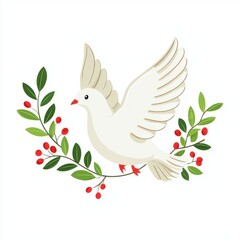 Fototapeta premium White Dove with Wings Spread Surrounded by Green Leaves and Red Berries on a Plain Background