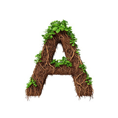 Letter A made of roots and leaves on a transparent background. Concept of nature, growth, and alphabet.