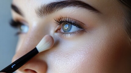 Naklejka premium Close-up of a woman applying makeup with a brush near her left eye. Ideal for beauty product, cosmetic, or skincare marketing campaign.