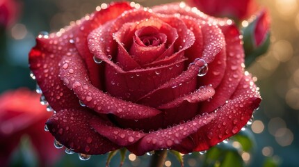Stunning Dew-kissed Red Rose Closeup Photography