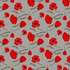 Red roses seamless pattern on grey background