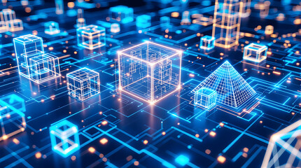 Futuristic Wireframe Background – Glowing Cyan 3D Geometry on Deep Navy. 