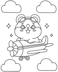 Coloring book cute hamster ride air plane happy face expression