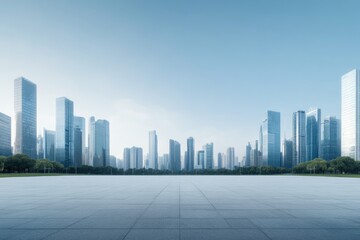Obraz premium rows of towering skyscrapers under clear blue sky represent financial growth and prosperity