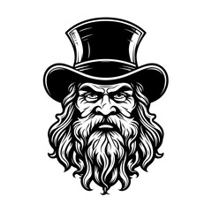 A detailed silhouette of a leprechaun's head, featuring its signature hat and beard. Perfect for St. Patrick's Day designs, Irish folklore illustrations, fantasy-themed graphics, and mascot logos.