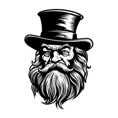 A detailed silhouette of a leprechaun's head, featuring its signature hat and beard. Perfect for St. Patrick's Day designs, Irish folklore illustrations, fantasy-themed graphics, and mascot logos.