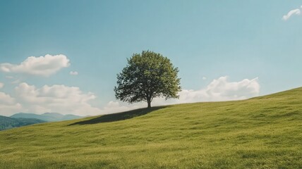 Obraz premium Solitary Tree on a Green Hill Under a Blue Sky