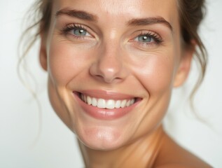 woman with lightweight foundation, natural coverage, dewy glow, white background, fresh look.