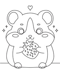 Coloring book hamster eating strawberry illustration