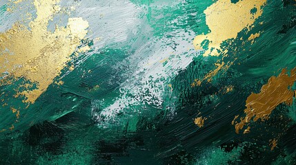 Abstract artwork featuring green gold and white paint strokes