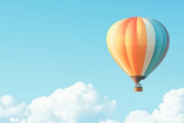 Fototapeta premium vibrant illustration of multicolored hot air balloon floating through serene blue sky with fluffy white clouds incorporating