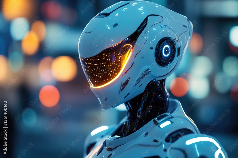 Poster close-up shot of a robot's head with glowing eyes, suitable for sci-fi or futuristic concept illustr