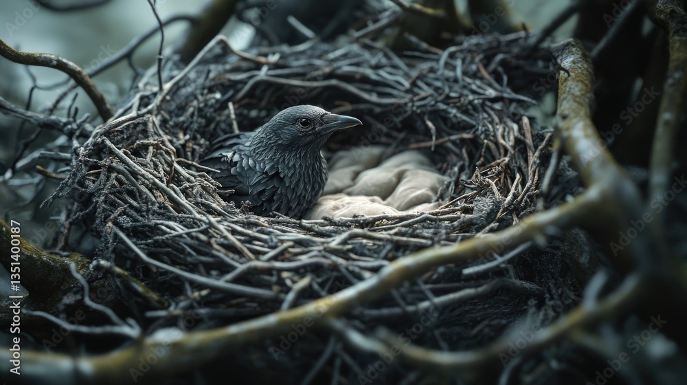 Poster A bird sitting in its nest on a tree branch