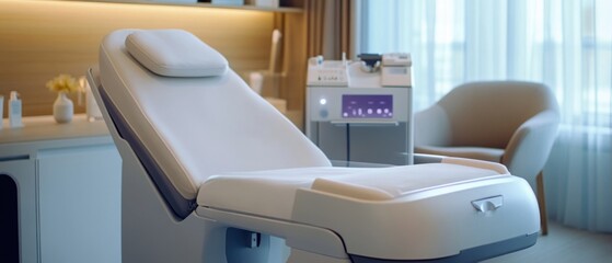 A medical chair in a patient's room with a window in the background