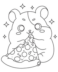 Coloring book hamster eating pizza illustration