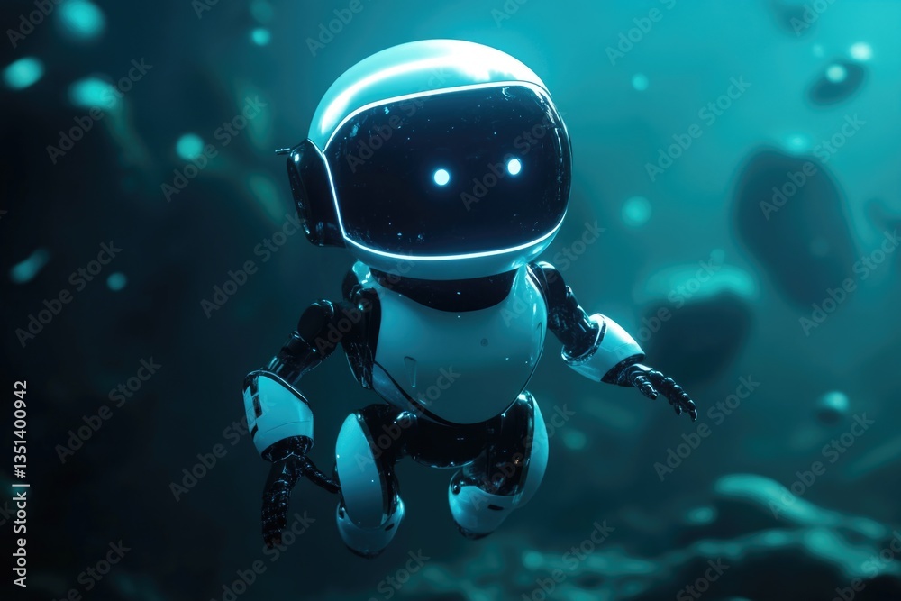 Poster A robot floating in the water with bubbles, suitable for use in underwater or sci-fi scenes