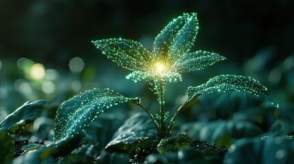 Futuristic Plant Glowing with Digital Networks, Representing Biotechnology and Innovation in Agricultural and Environmental Science for Sustainable development 