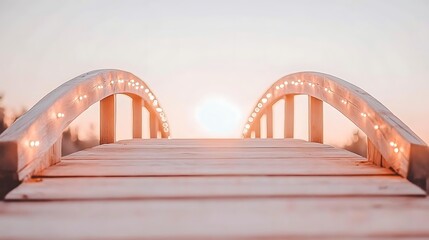 Obraz premium A wooden bridge with string lights spanning to the sunset