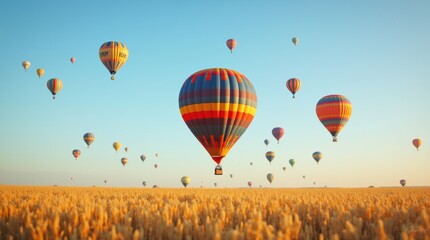 Fototapeta premium Hot air balloons taking off over a golden field, vibrant colors against a clear blue sky, festive morning lift-off.