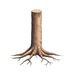 Fototapeta premium Illustration of a tree stump with roots on a transparent background. Concept of nature, deforestation, and environment.