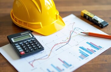 construction helmet, drawings are on the table, the concept for the builder's day
