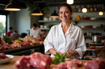 A female meat seller stands behind the counter at the market