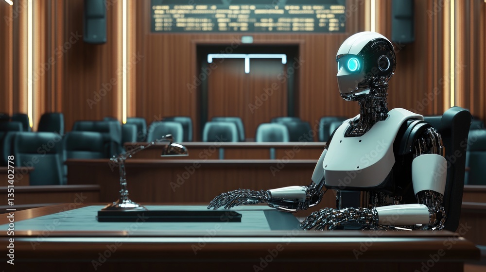 Poster A robot sits at a judge's bench in a courtroom setting