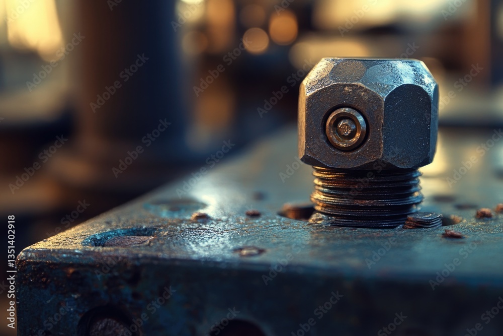 Poster a close-up shot of a nut attached to a metal object, with detailed texture and surface features