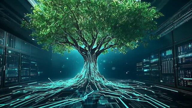 A futuristic tree with glowing roots in a high-tech server room, symbolizing technology and nature