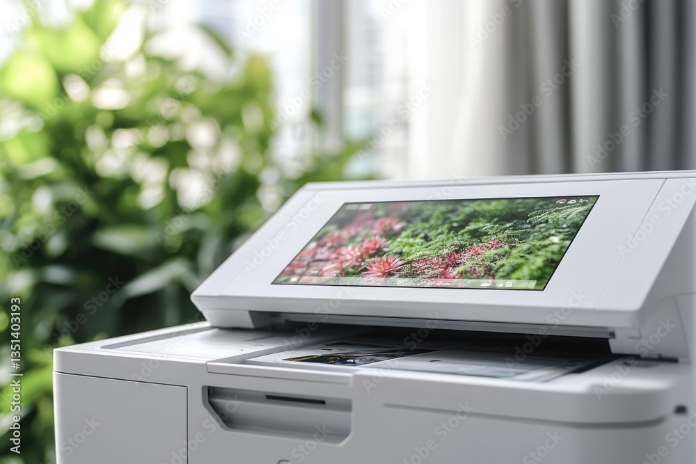 Poster a white printer sits on top of a table, ready for use