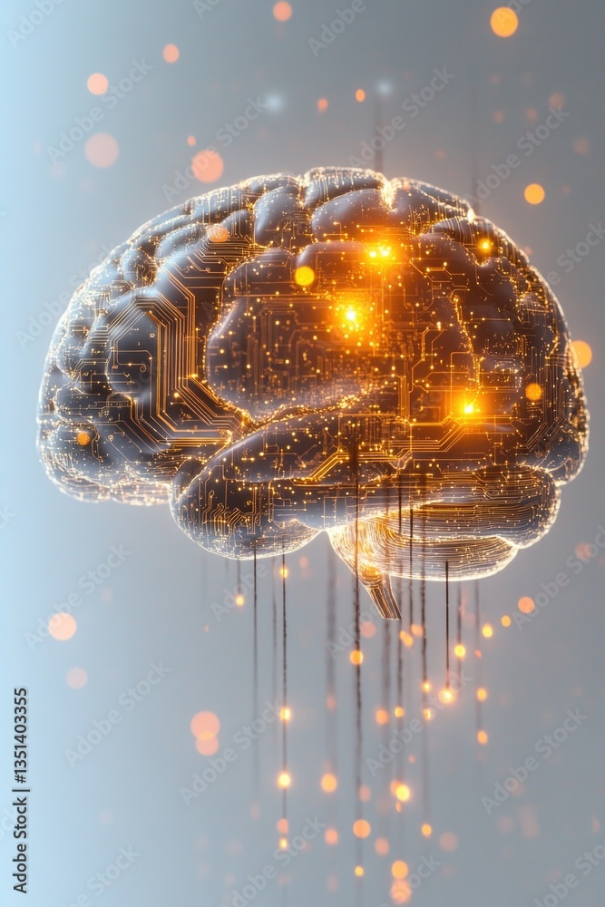 Poster High-tech computer brain with glowing lights and futuristic design
