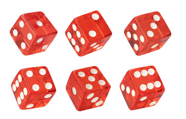 Top view Six clean red dices with Numbers 1, 2, 3, 4, 5, 6, isolated on background.	