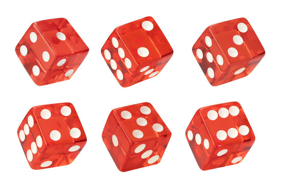 Top view Six clean red dices with Numbers 1, 2, 3, 4, 5, 6, isolated on background.	