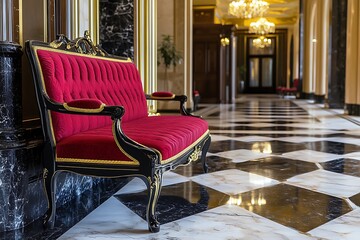 Obraz premium Luxurious Red Sofa in Grand Hallway