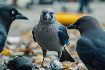A group of birds sits atop a pile of rocks, a scenic natural landscape