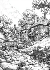 Fototapeta premium Fantasy Village Coloring Pages