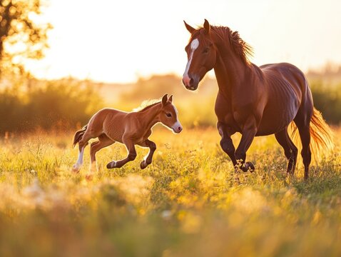 A motherly horse with her young foal galloping freely in an open field