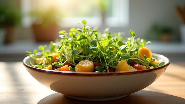 Bowl of fresh microgreen salad with sliced vegetables on a wooden table in bright sunlight, healthy vegan eating.