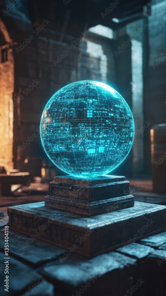 Poster a luminescent sphere sits atop a rustic wooden table, perfect for use in fantasy or sci-fi scenes