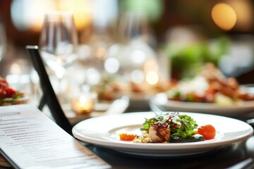 A plate of food on a table with a menu, perfect for a morning meal or brunch