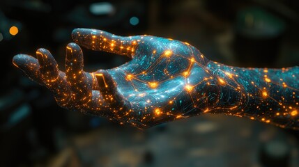 Glowing digital hand, network, dark background, future tech concept