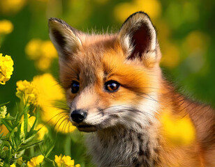 A fox among yellow flowers
