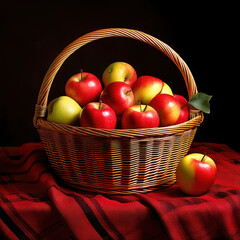 Apples in a basket isolated over red and black tablecloth
