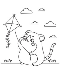 Coloring book cute hamster playing kite under sky nature 