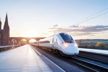 Naklejka premium sleek passenger train glides smoothly along sunlit countryside railway track framed by greenery and clear skies exuding