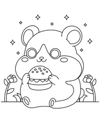 coloring book hamster eating burger illustration