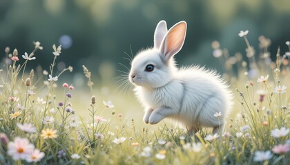 Obraz premium Adorable White Bunny in Flower Meadow, Cute fluffy bunny rabbit hopping in spring flowers.