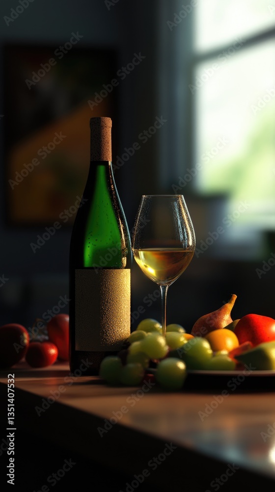 Poster a bottle of wine and a glass on a table, ready for use